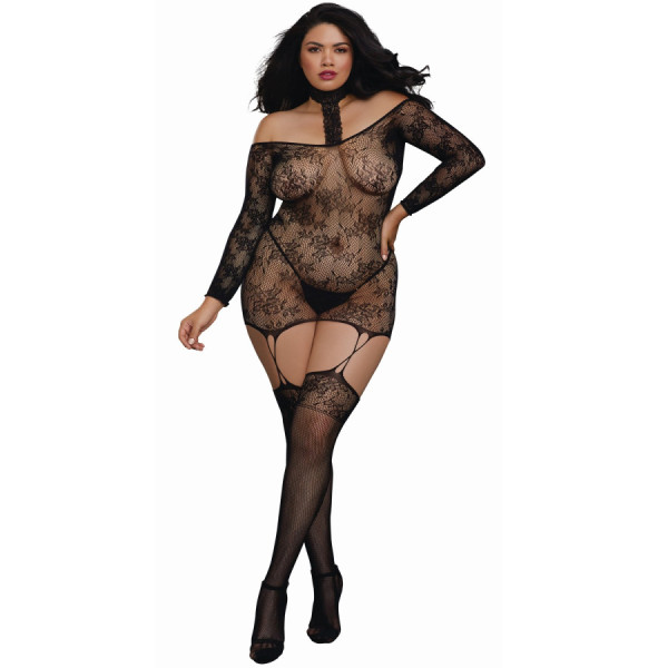 Bodystocking résille guêpière grande taille réversible avec tour de cou 